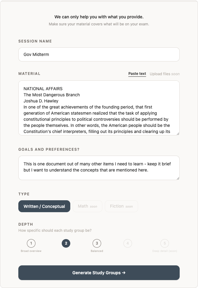Setup screen: naming session, pasting material, setting goals and depth