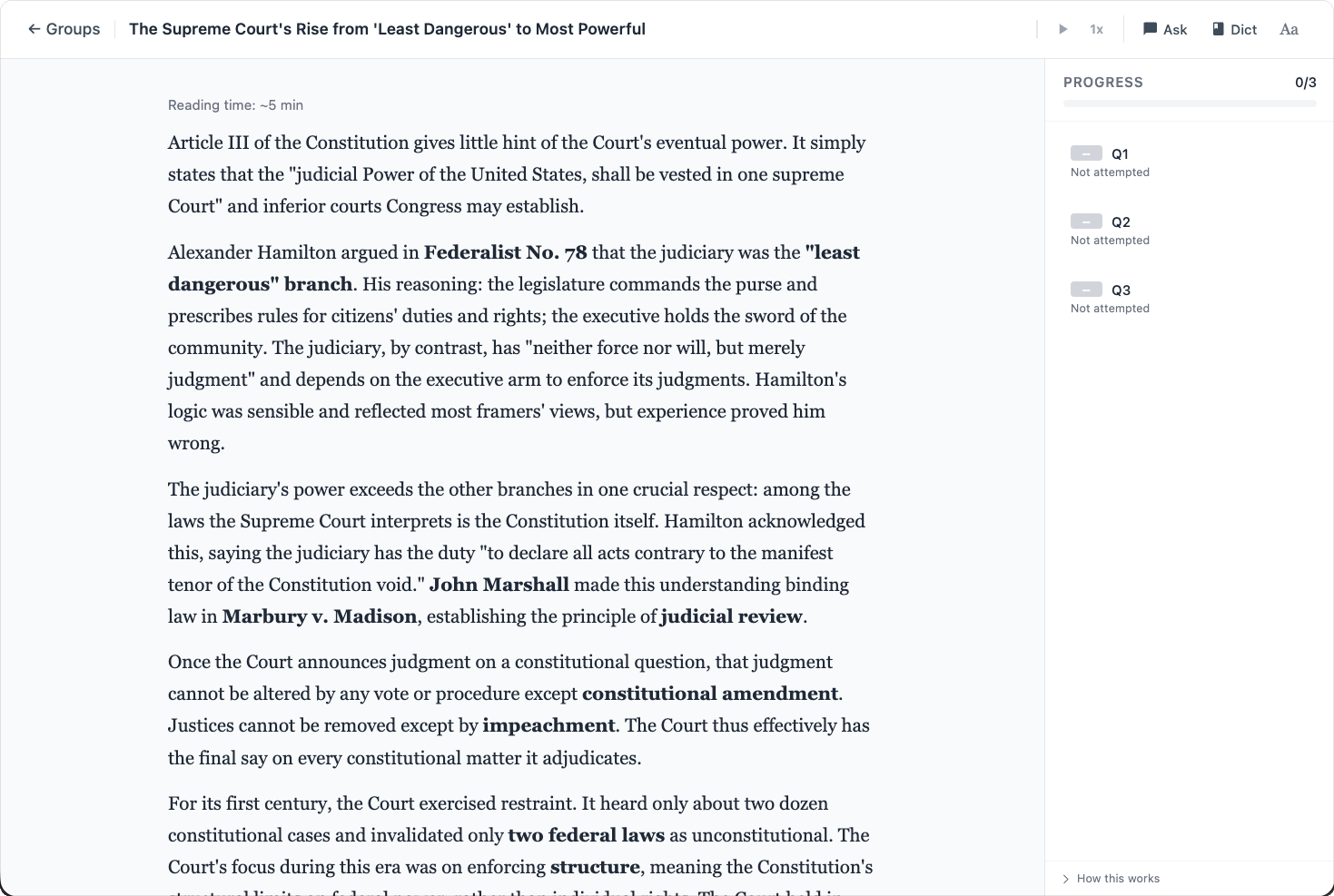 Explanation screen with bolded key terms and structured content