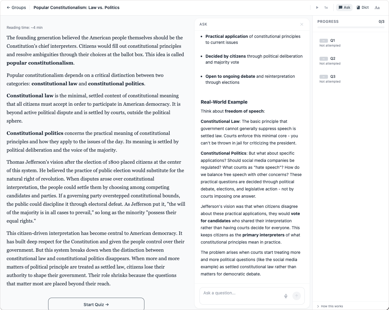 Ask mode returning an anecdote to help explain the concept