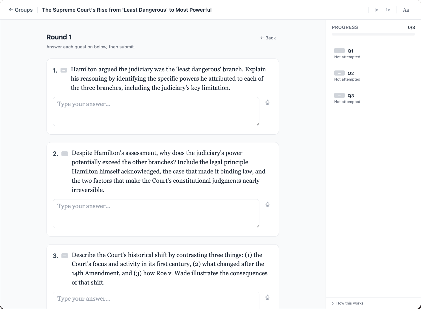 Three comprehension questions requiring written answers