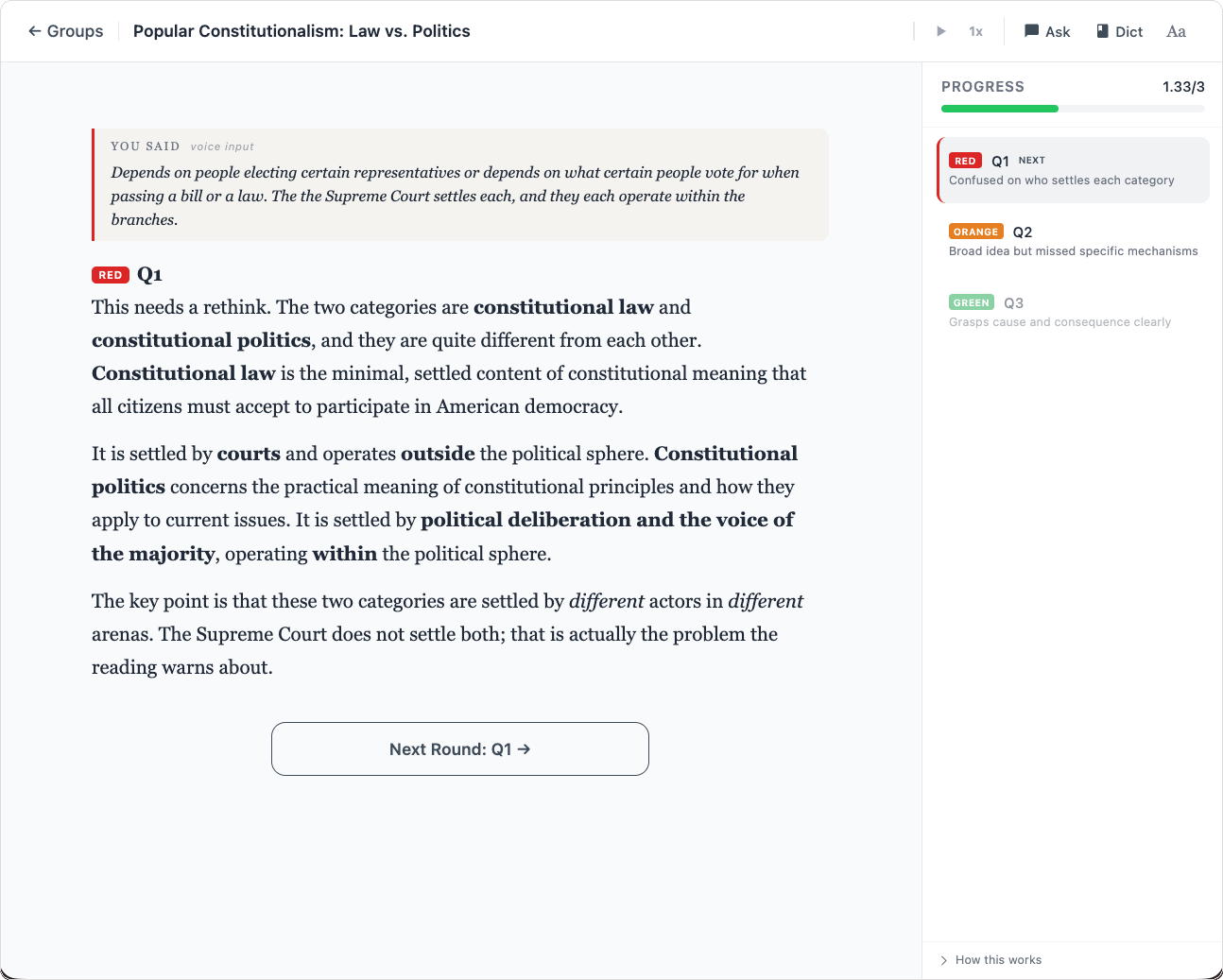 Red feedback: concept not understood, full re-explanation provided