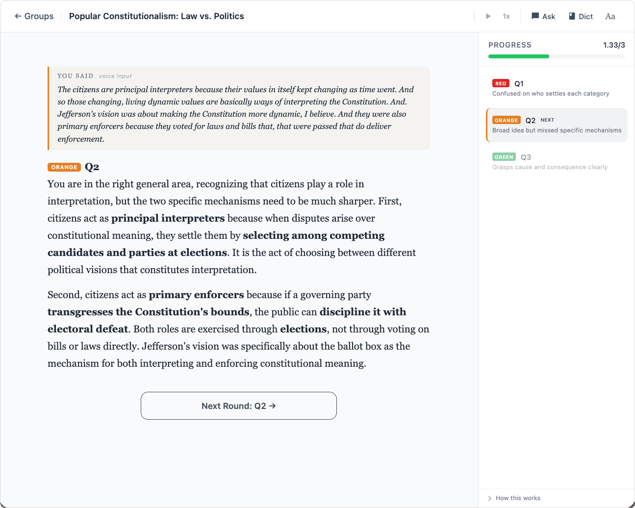 Orange feedback: high-level understanding but missing key connections