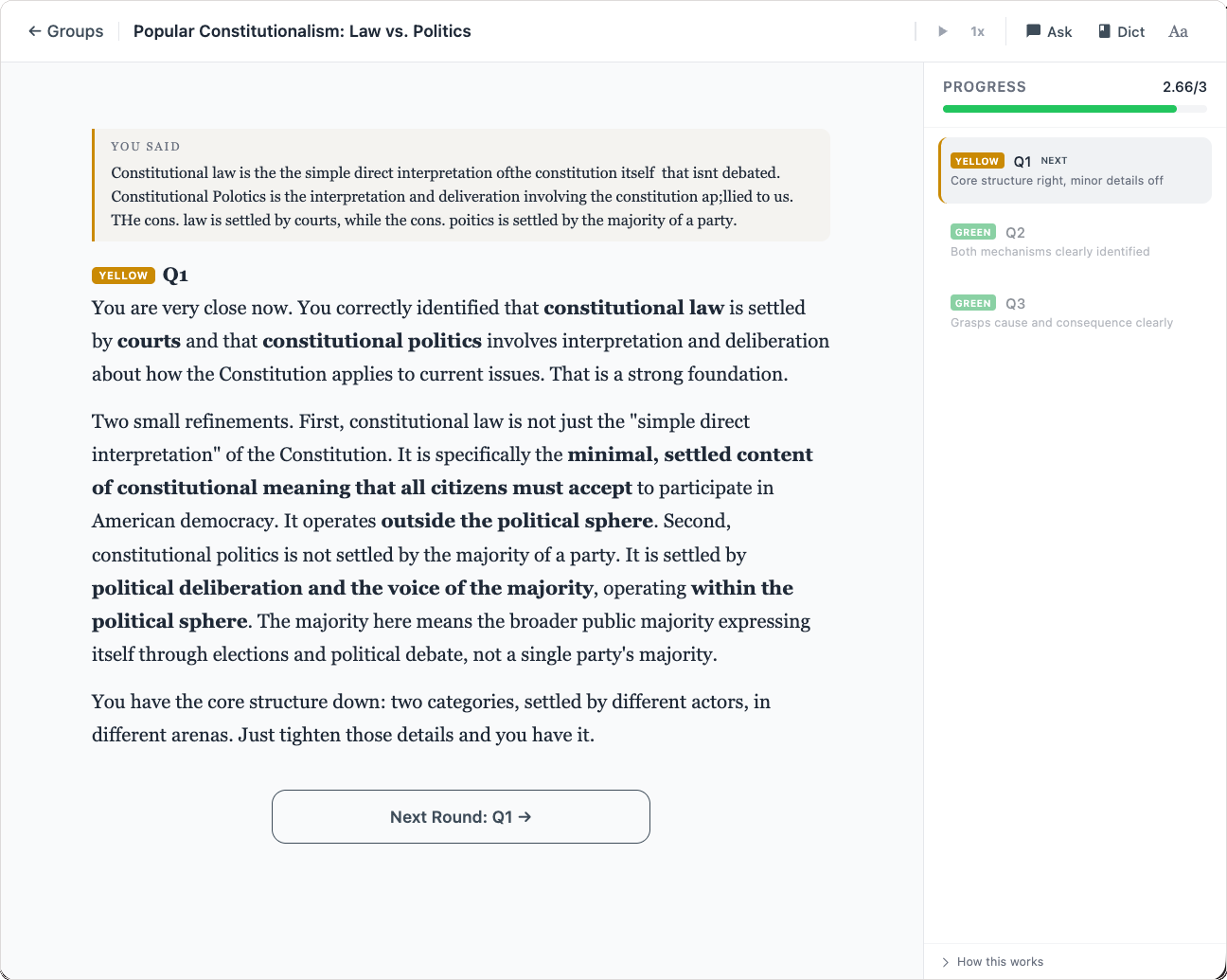 Yellow feedback: mostly correct with one detail to sharpen