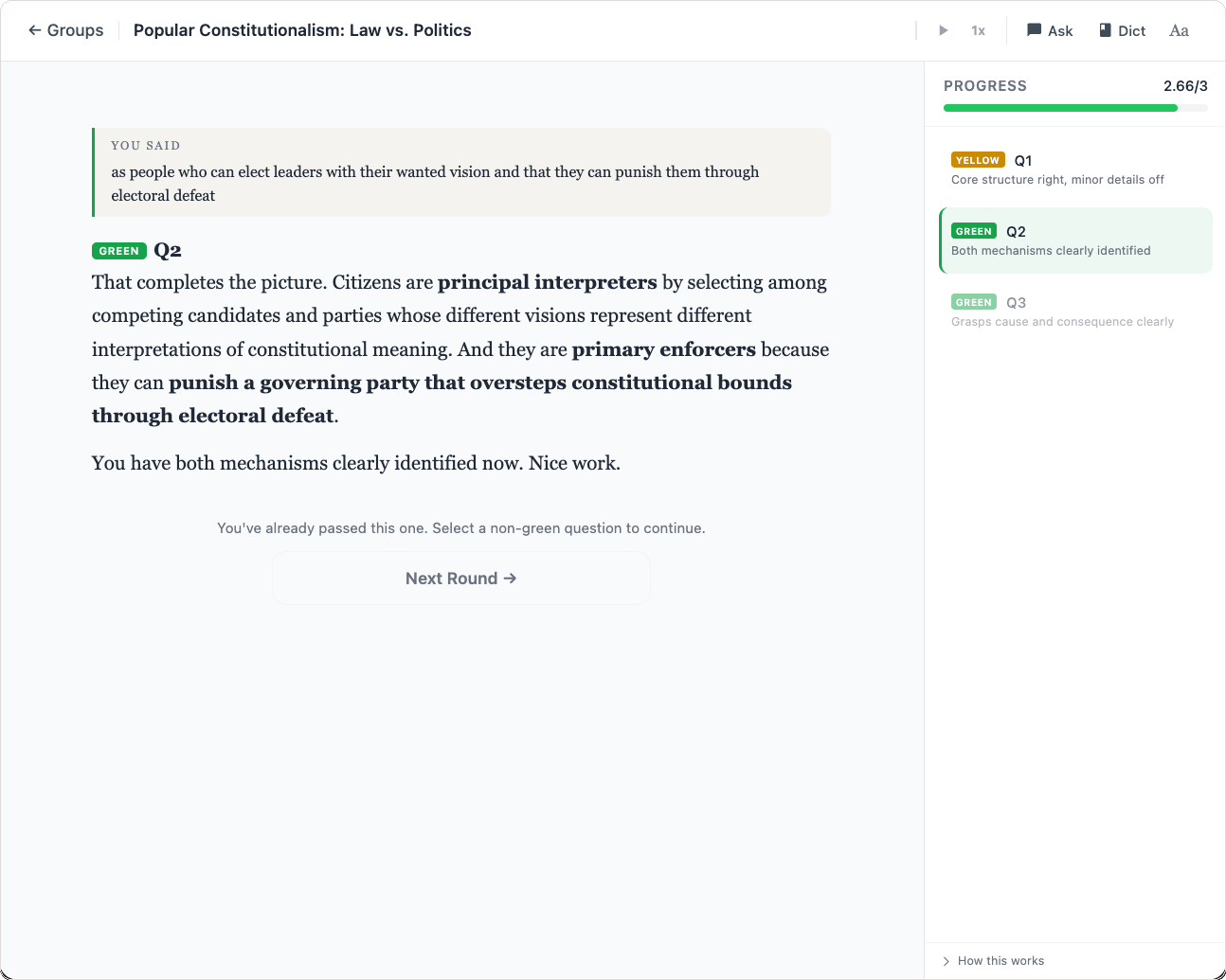 Acacia confirming full understanding of a concept with Green status