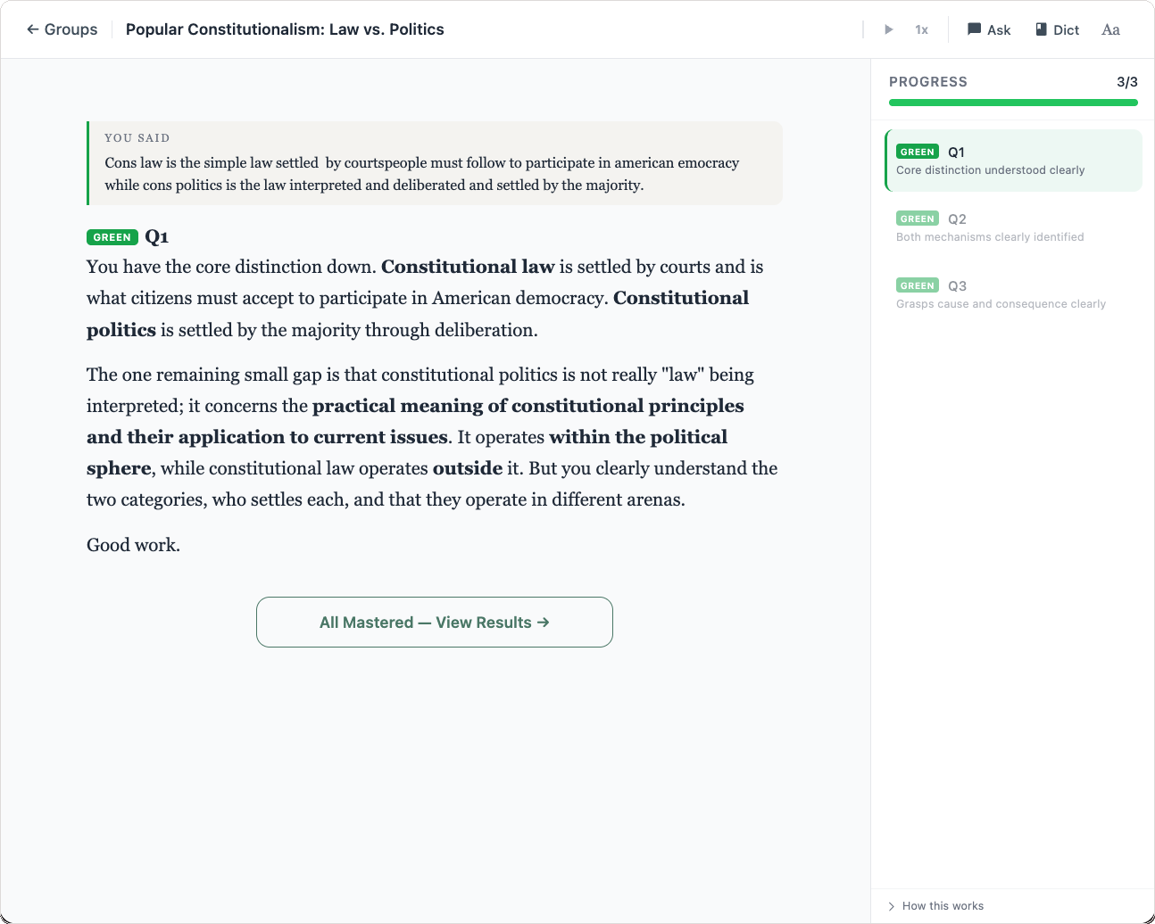 All three questions showing green status in the progress sidebar
