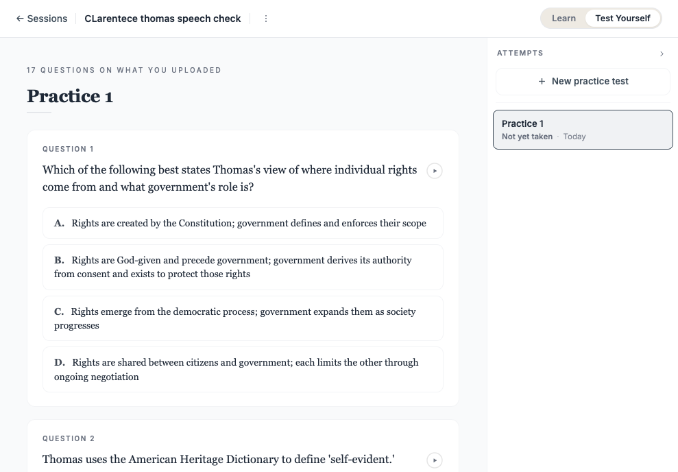 Acacia session showing the first group of a Clarence Thomas speech, with explanation and a small Start quiz button