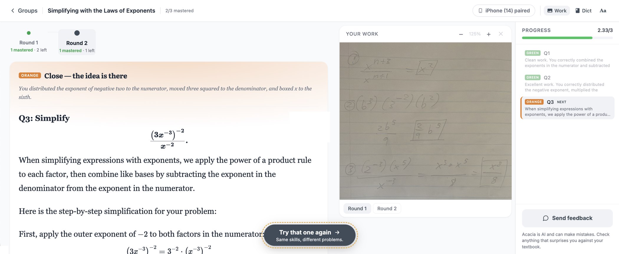 Acacia marking a worked exponent problem orange, reading back what the student wrote, and teaching the step they missed, with the photographed notebook page beside it.